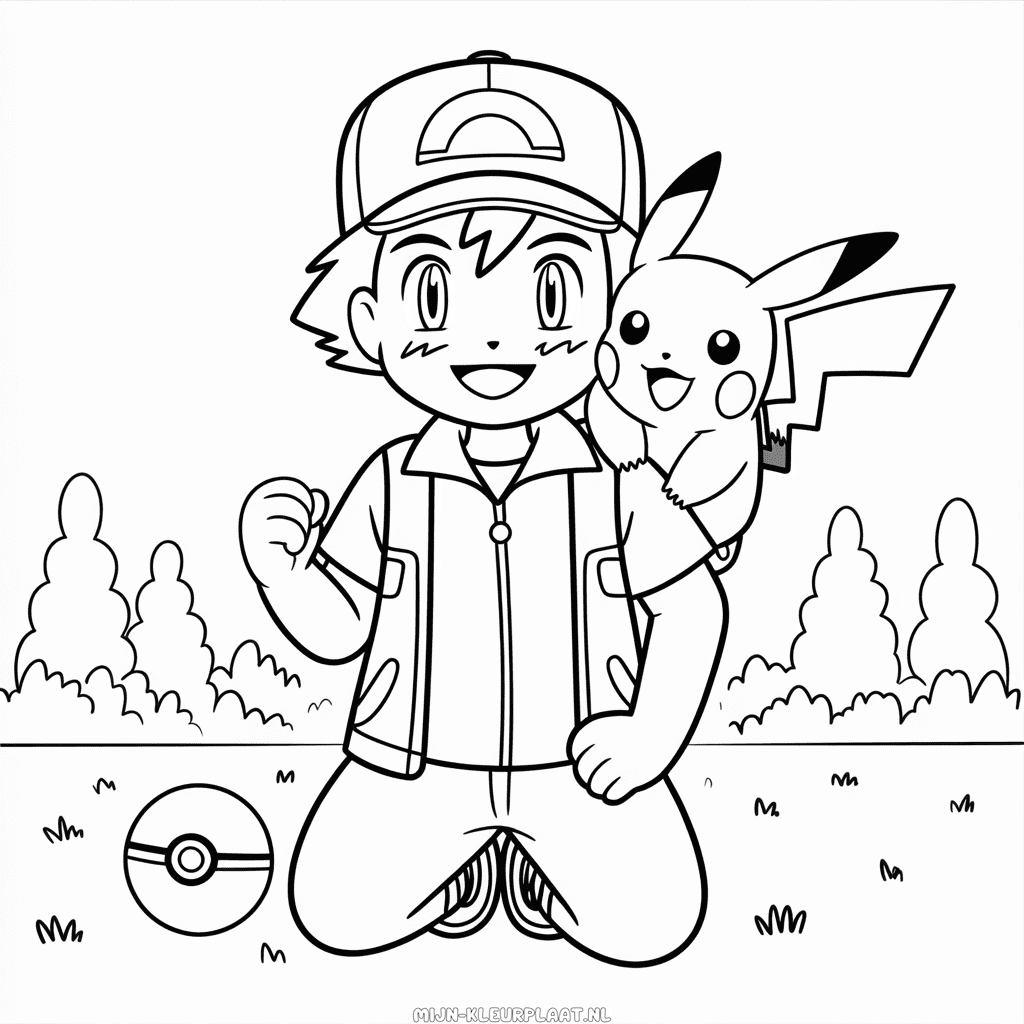 Kleurplaat Ash en Pikachu