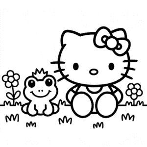 Kleurplaat Hello Kitty en Kikker