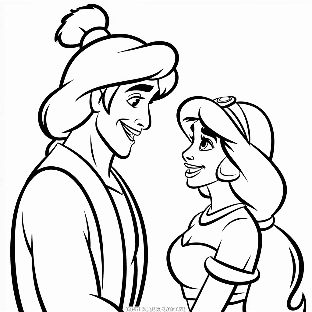 Kleurplaat Aladdin en Jasmine