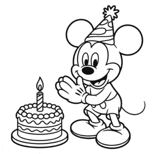 Kleurplaat Mickey Mouse en Verjaardagstaart