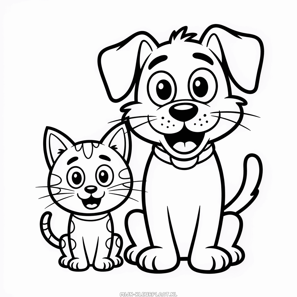 Kleurplaat Cartoon Kat en Hond