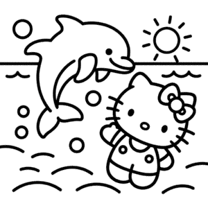 Kleurplaat Hello Kitty en Dolfijn