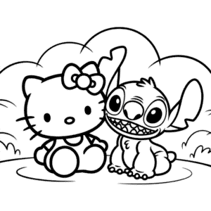 Kleurplaat Hello Kitty en Stitch