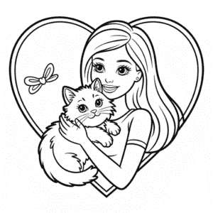 Kleurplaat Barbie met Kat