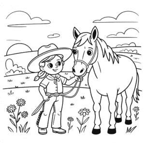 Kleurplaat Cowgirl en Paard
