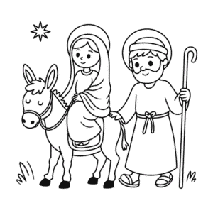 Kleurplaat Maria en Jozef met Ezel