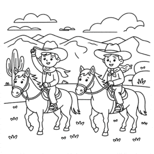 Kleurplaat Twee Cowboys Rijden op Paarden
