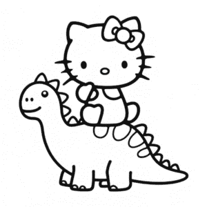 Kleurplaat Hello Kitty en Dinosaurus