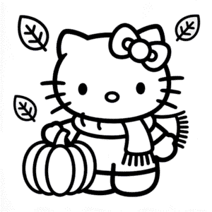 Kleurplaat Hello Kitty in de Herfst