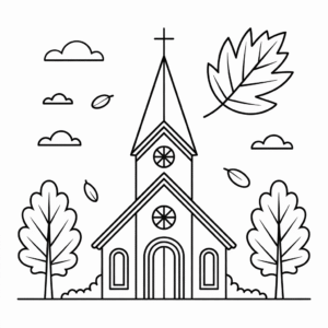 Kleurplaat Kerk in Herfst
