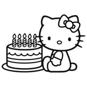 Kleurplaat Hello Kitty met Taart