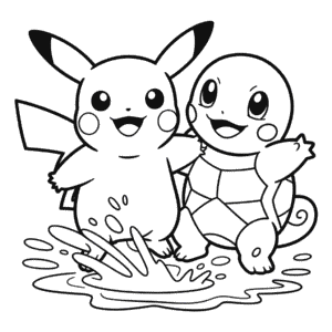 Kleurplaat Pikachu en Squirtle