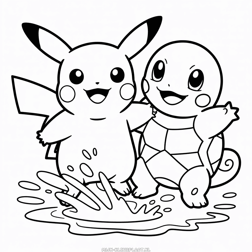 Kleurplaat Pikachu en Squirtle
