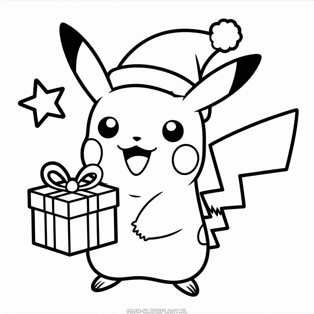 Kleurplaat Pikachu in Kerstmuts