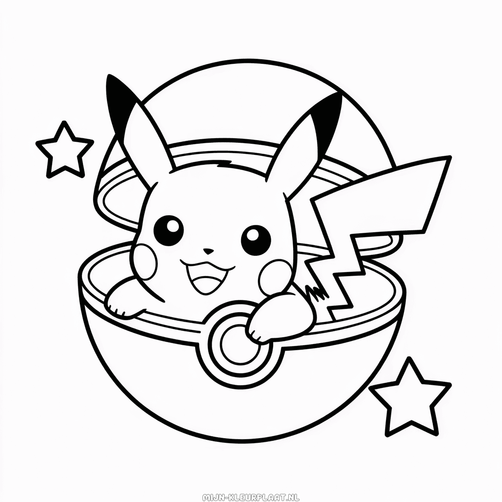 Kleurplaat Pikachu in Pokebal
