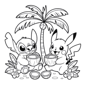 Kleurplaat Stitch en Pikachu