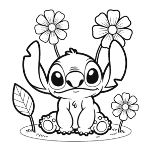 Kleurplaat Stitch met Bloemen