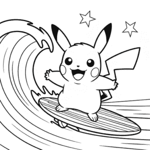 Kleurplaat Surfende Pikachu