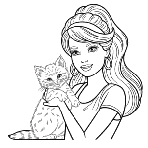 Kleurplaat Barbie met Kittentje