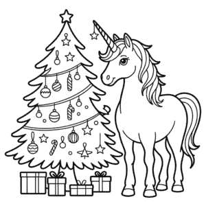 Kleurplaat Eenhoorn en Kerstboom