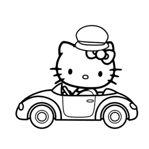 Kleurplaat Hello Kitty in Auto