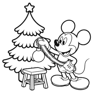 Kleurplaat Kerstboom en Mickey Mouse