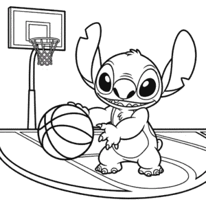 Kleurplaat Stitch speelt Basketbal